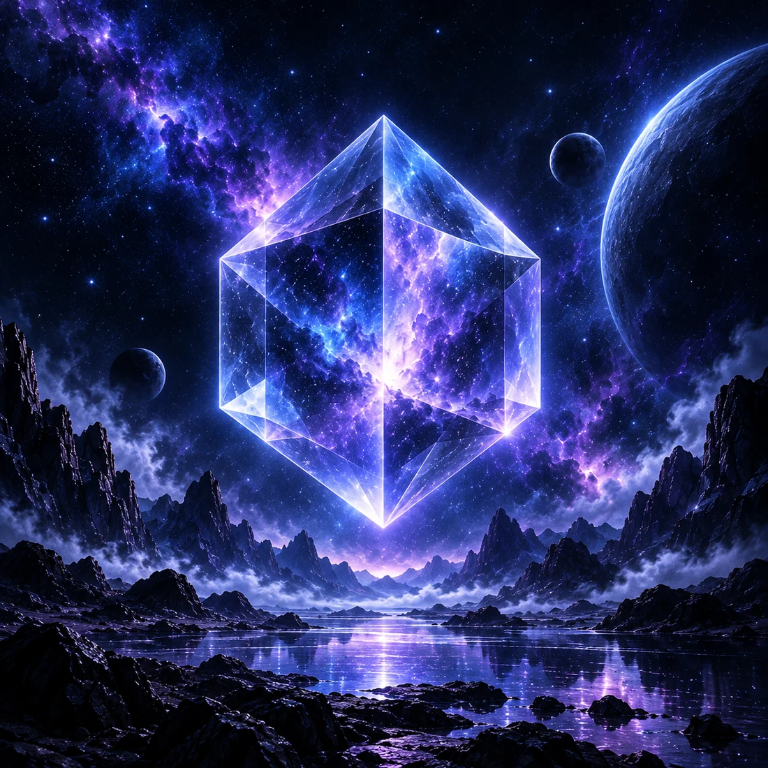 Luminous geometric prism in violet and cyan